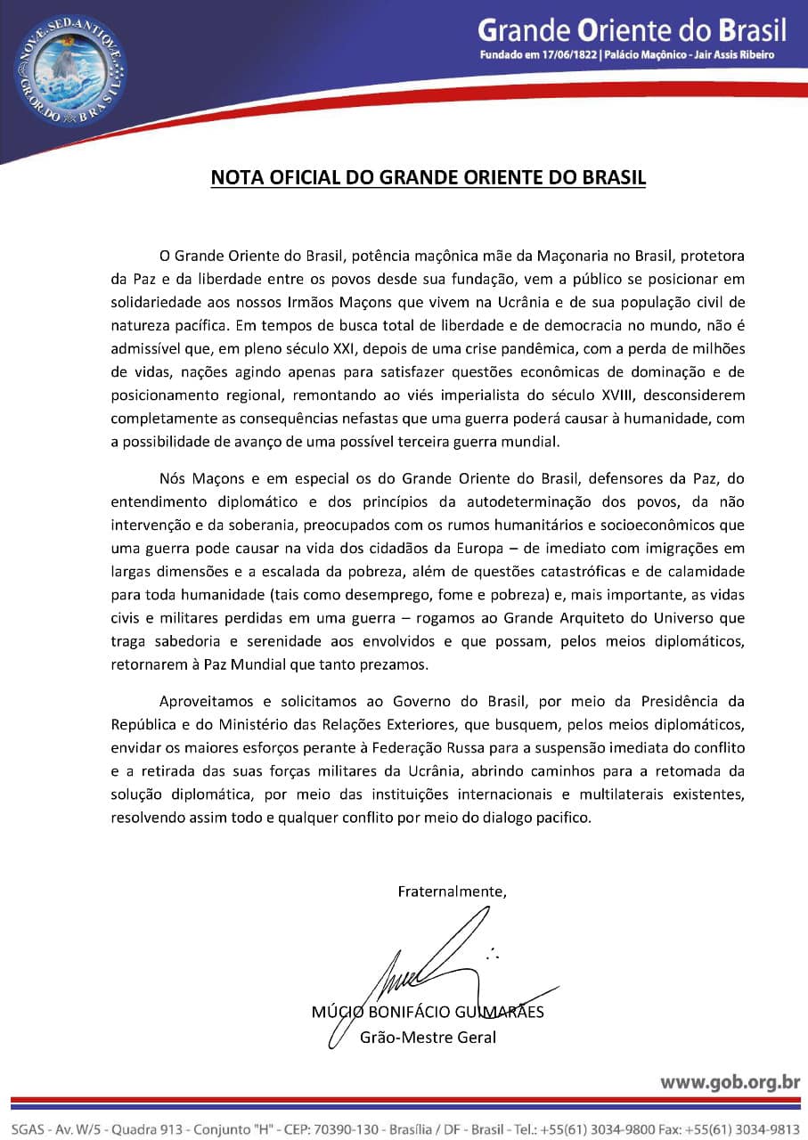 Grande Oriente do Brasil - NOTA OFICIAL DO GRANDE ORIENTE DO BRASIL O  Grande Oriente do Brasil, potência maçônica mãe da Maçonaria no Brasil,  protetora da Paz e da liberdade entre os