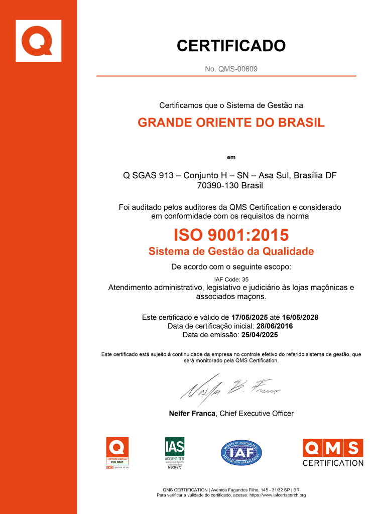 GRANDE ORIENTE DO BRASIL-101-00330-Q-ISO9001.pt GRANDE ORIENTE DO BRASIL-101-00330-Q-ISO9001.pt